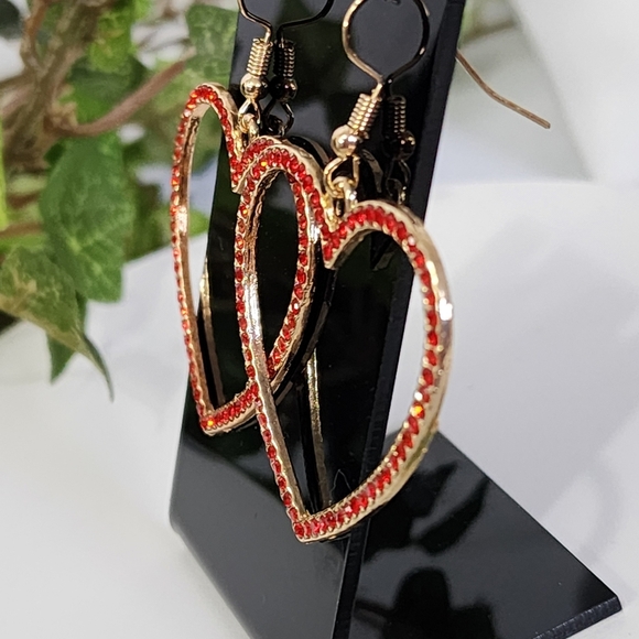 Gold with Red Crystal Stones Heart Drop Earrings Her - Picture 6 of 8